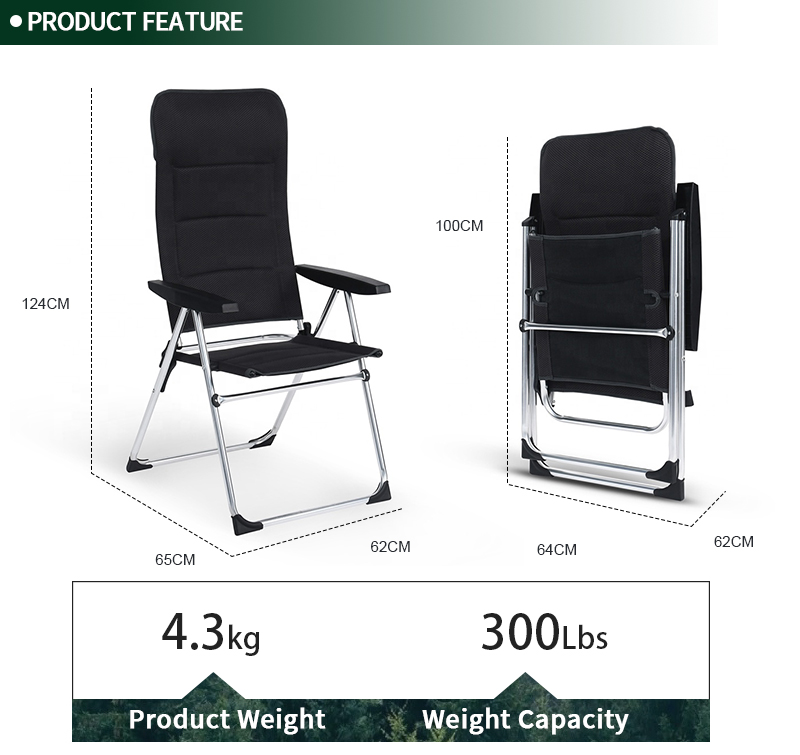 5 Position Adjustable Reclining High Back Aluminum Lightweight Outdoor Folding Camping Chair for Picnic