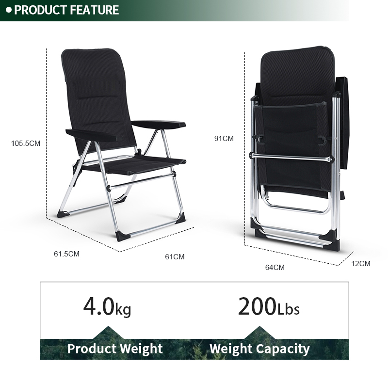 5 Position Adjustable Portable Aluminum Lightweight Outdoor Folding Camping Chair with Armrest