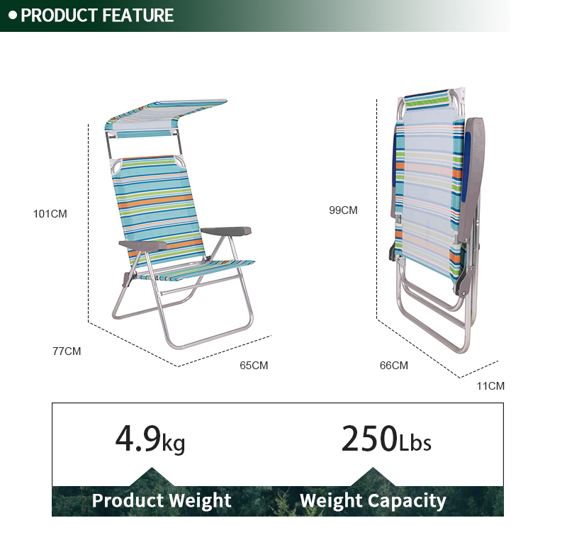 3 Position Aluminum Deluxe Folding Camping Outdoor Garden Sun Roof Patio Beach Chair with Canopy and Storage Pouch