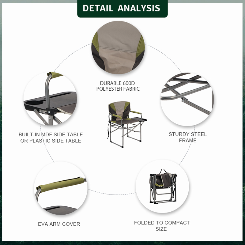 Outdoor Popular Style Traveling Camping Chairs Ultralight Foldable Camping Director Chairs with Side Table Pocket Handle
