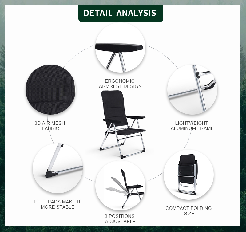 5 Position Adjustable Portable Aluminum Lightweight Outdoor Folding Camping Chair with Armrest