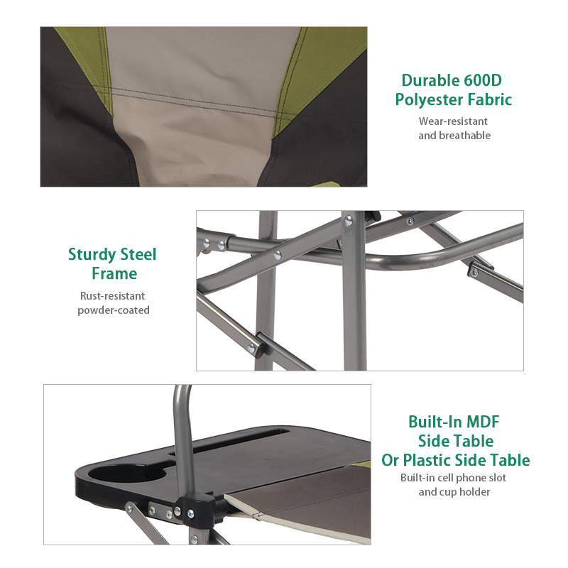 Outdoor Popular Style Traveling Camping Chairs Ultralight Foldable Camping Director Chairs with Side Table Pocket Handle