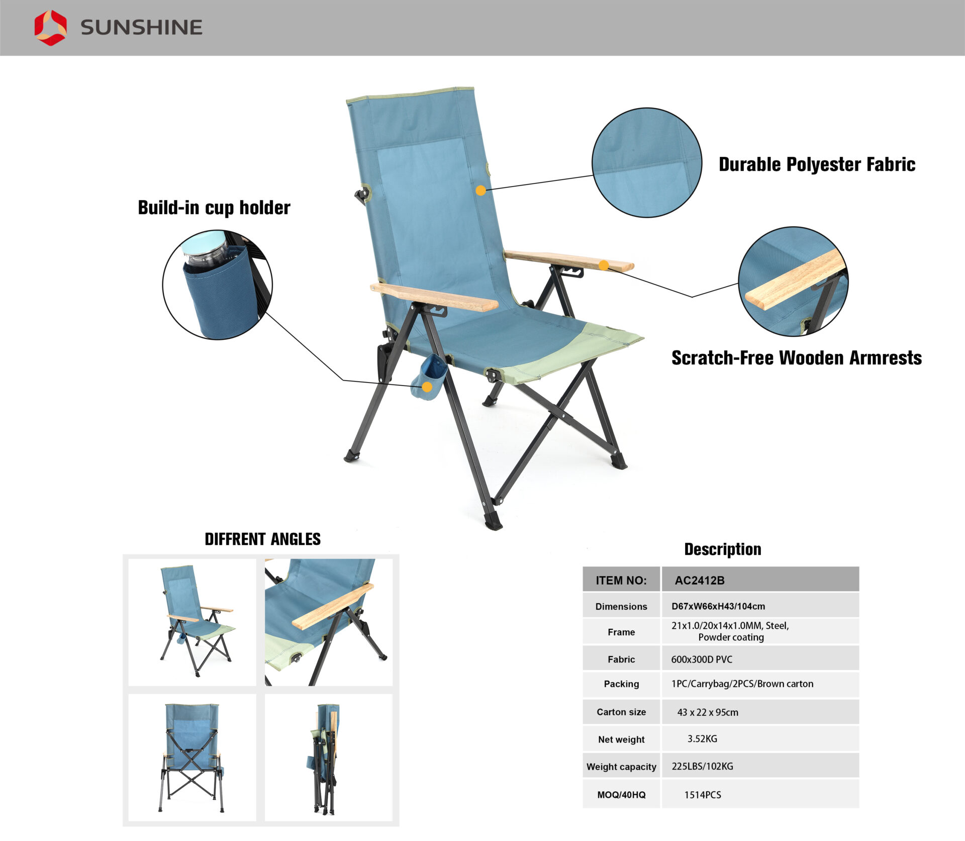Oversize Portable Steel Tube High Back Camping Folding Chair
