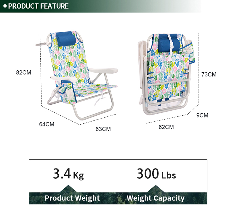 Adjustable Backpack Beach Chair with 5 Positions & Pillow – Lightweight Aluminum Frame