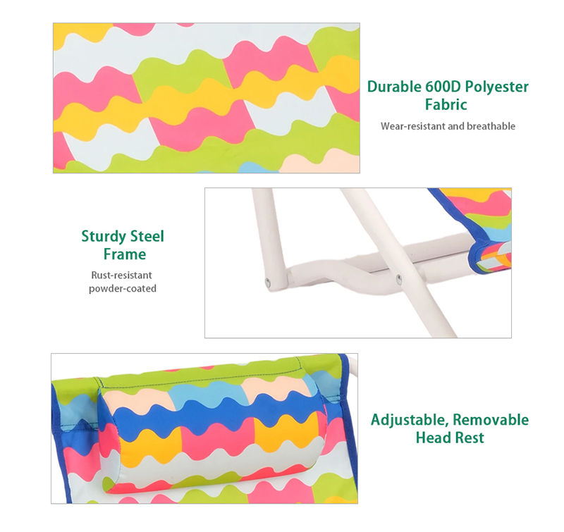 Folding Beach Chair with Pillow – Steel Frame & Polyester Fabric