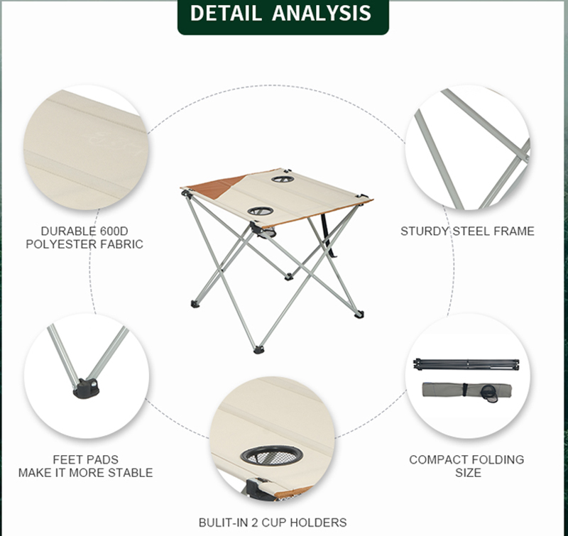 Foldable Table with Steel Frame and 600D Polyester, 2 Cup Holders
