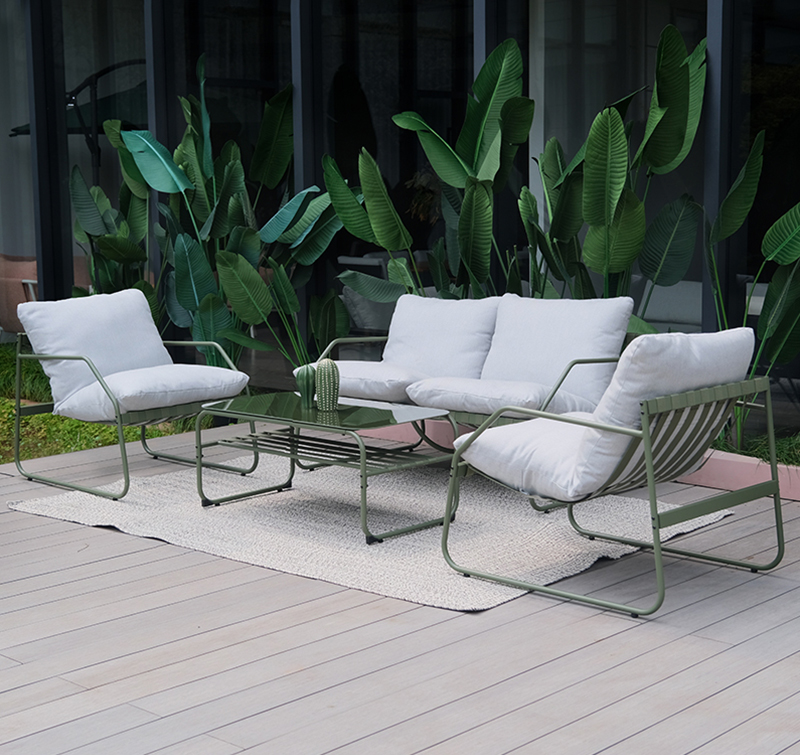 4-Piece Outdoor Sofa Set Including Tempered Glass Table – Durable Steel Frame and Spun Poly Fabric