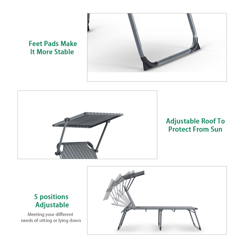 Sun Lounge Chair Aluminium Beach Folding Bed Chaise Lounger Outdoor Bed with Canopy